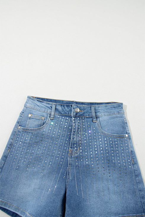 Blue Sparkle Denim Shorts with Rhinestone Accents