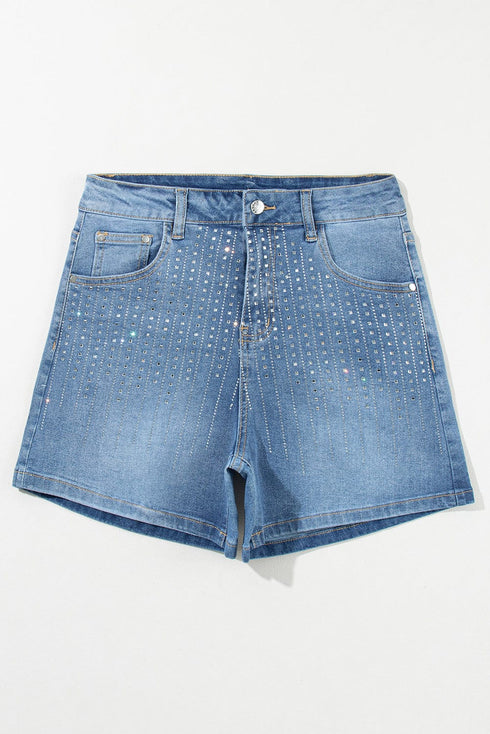 Blue Sparkle Denim Shorts with Rhinestone Accents