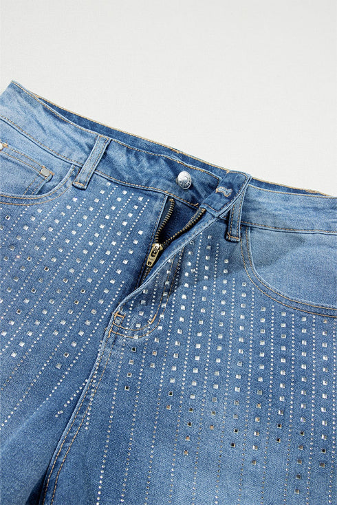 Blue Sparkle Denim Shorts with Rhinestone Accents
