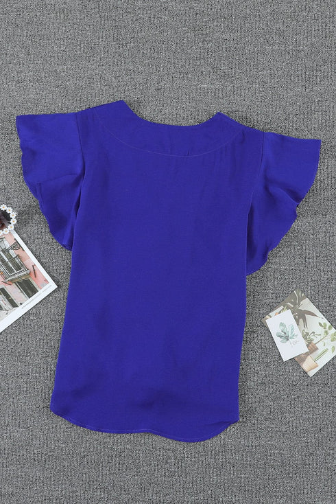 Blue Tonight V-Neck Button-Up Ruffle Sleeve Top