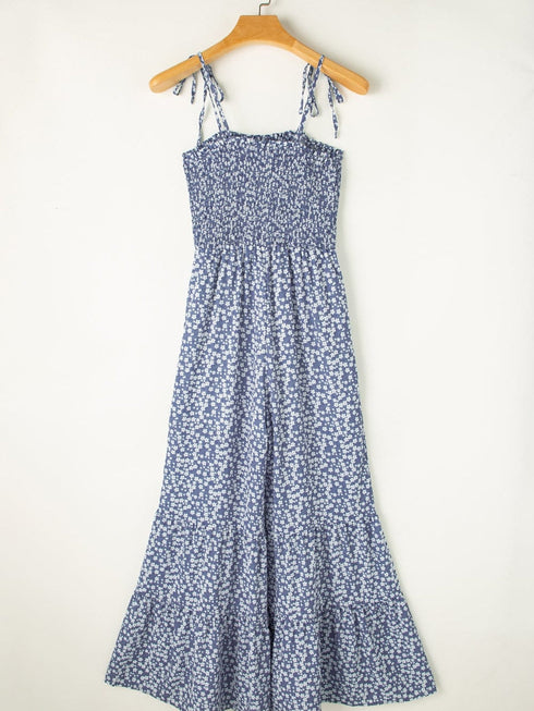 Blue Twilight Floral Dream Jumpsuit with Smocked Bodice and Delicate Straps