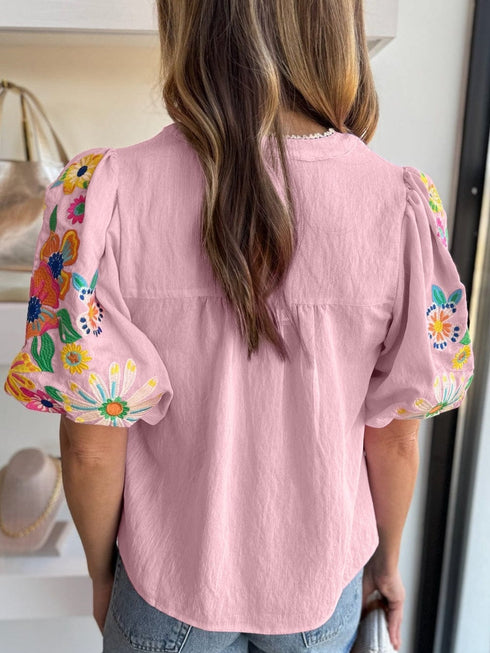 Blush Pink Floral Embroidered V-Neck Puff Sleeve Blouse