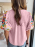 Blush Pink Floral Embroidered V-Neck Puff Sleeve Blouse