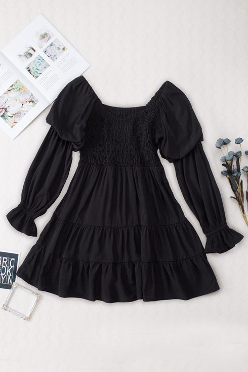Bohemian Black Ruffled Mini Dress with Smocked Details