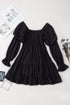 Bohemian Black Ruffled Mini Dress with Smocked Details