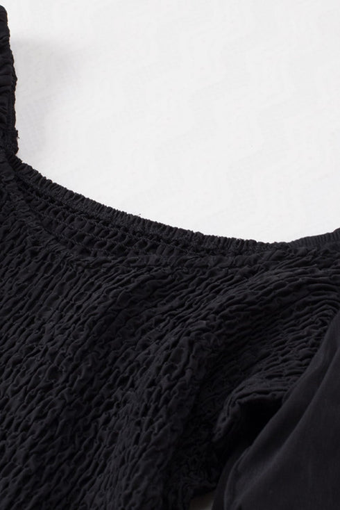 Bohemian Black Ruffled Mini Dress with Smocked Details