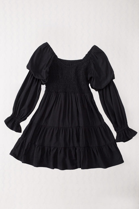 Bohemian Black Ruffled Mini Dress with Smocked Details