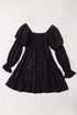 Bohemian Black Ruffled Mini Dress with Smocked Details