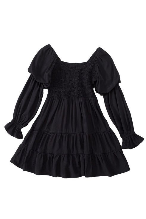 Bohemian Black Ruffled Mini Dress with Smocked Details