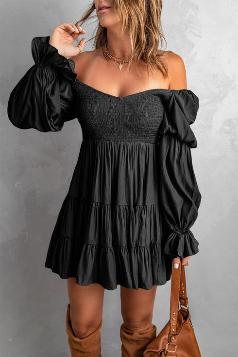 Bohemian Black Ruffled Mini Dress with Smocked Details