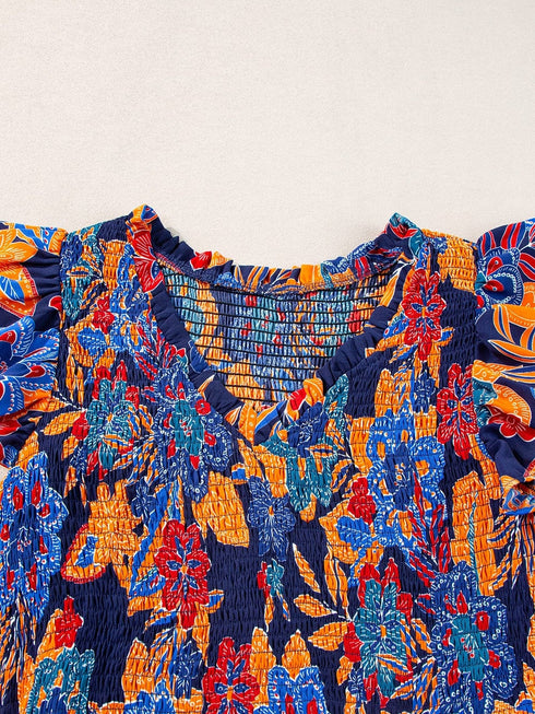 Bohemian Blue Floral V Neck Ruffle Tiered Maxi Dress