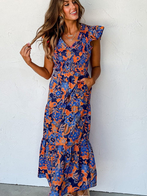 Bohemian Blue Floral V Neck Ruffle Tiered Maxi Dress