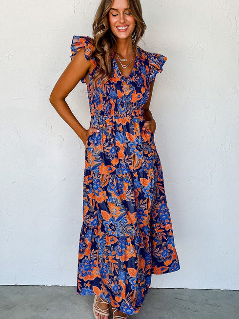 Bohemian Blue Floral V Neck Ruffle Tiered Maxi Dress