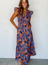 Bohemian Blue Floral V Neck Ruffle Tiered Maxi Dress