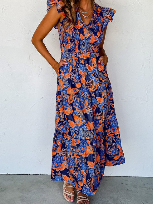 Bohemian Blue Floral V Neck Ruffle Tiered Maxi Dress