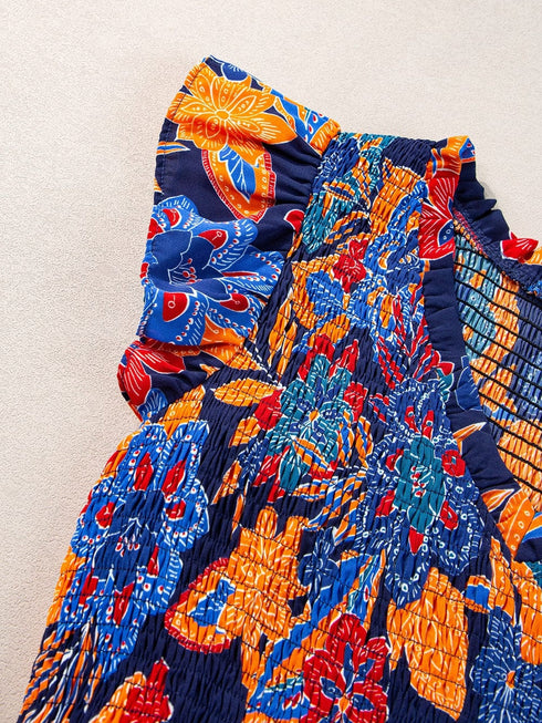 Bohemian Blue Floral V Neck Ruffle Tiered Maxi Dress