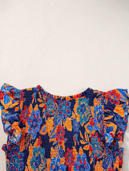 Bohemian Blue Floral V Neck Ruffle Tiered Maxi Dress