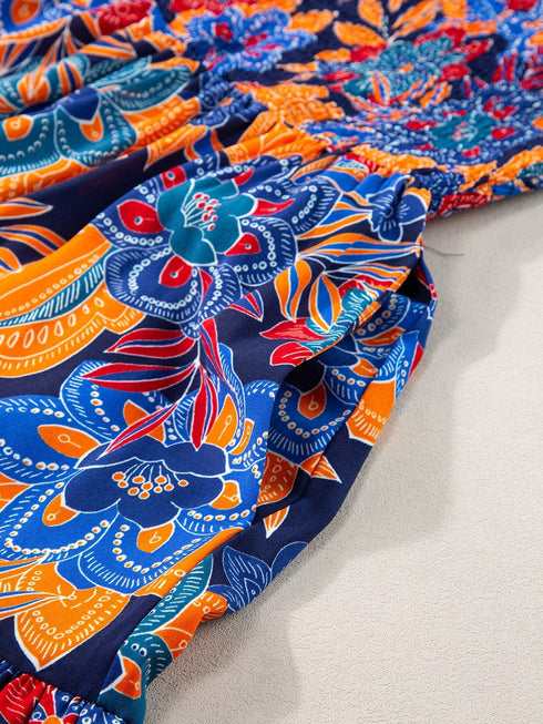 Bohemian Blue Floral V Neck Ruffle Tiered Maxi Dress