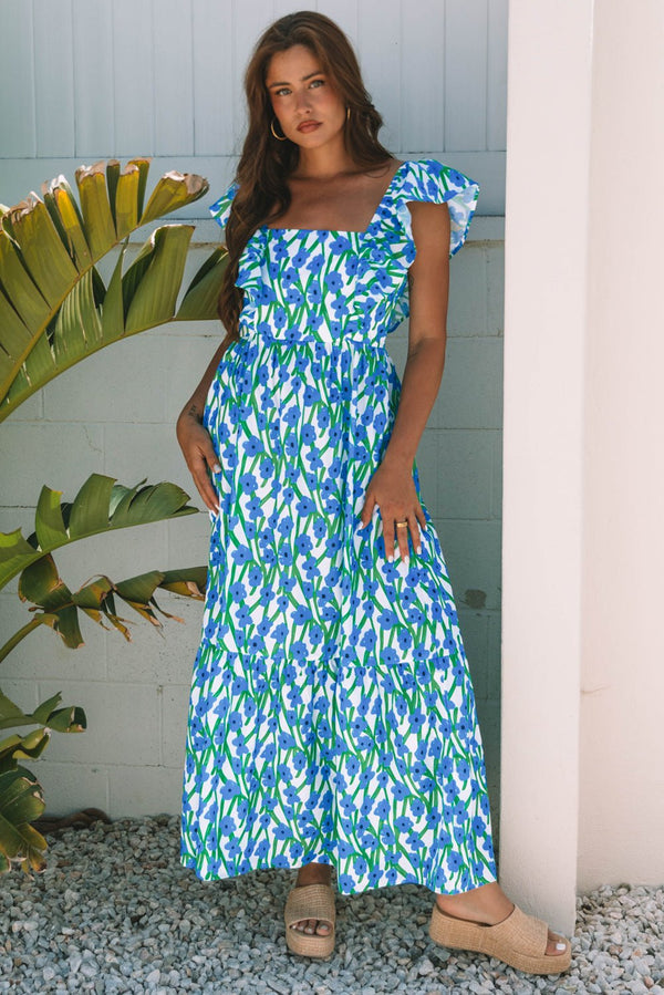 Women's Floral Square Neck Ruffle Maxi Dress in Cobalt and Emerald