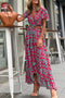 Bohemian Long Short Sleeve Printed V Neck Slit Dress - Drop Shoulder - Strappy - Wrap - Closed Cape - Accordion