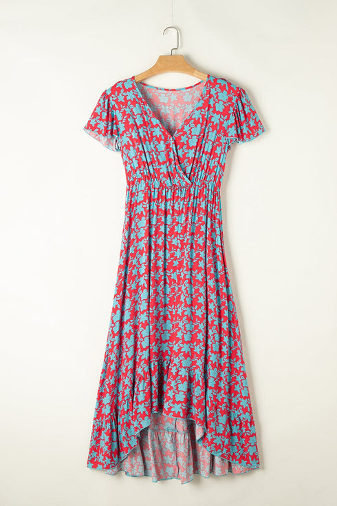 Bohemian Long Short Sleeve Printed V Neck Slit Dress - Drop Shoulder - Strappy - Wrap - Closed Cape - Accordion