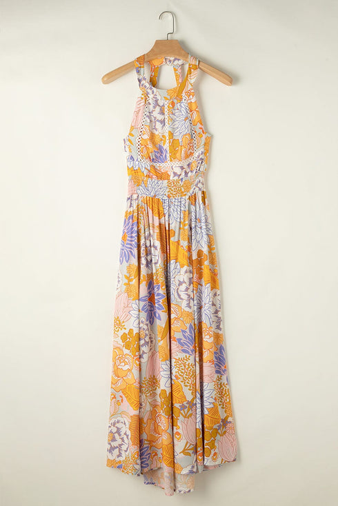 Bohemian Orange Floral Maxi Dress with Backless Detail