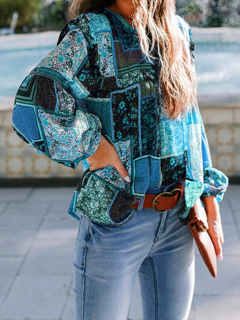 Bohemian Printed Bubble Long Sleeve Blouse