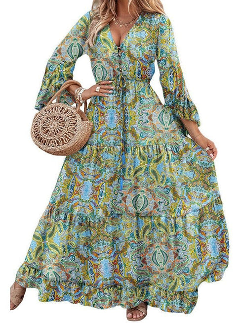 Bohemian Style Floral Printed Long Sleeve Dress with V-Neck and High Waist in Green Size S, M, L