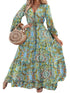 Bohemian Style Floral Printed Long Sleeve Dress with V-Neck and High Waist in Green Size S, M, L