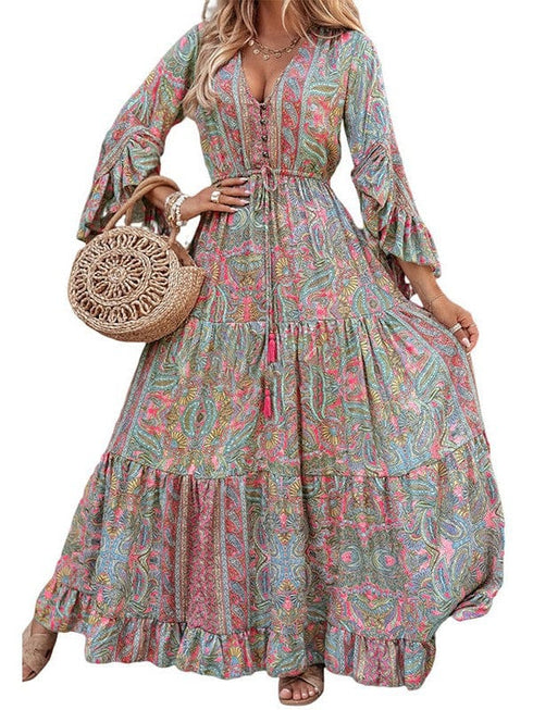 Bohemian Style Floral Printed Long Sleeve Dress with V-Neck and High Waist in Green Size S, M, L