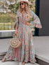 Bohemian Style Floral Printed Long Sleeve Dress with V-Neck and High Waist in Green Size S, M, L