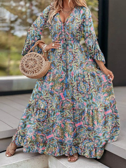 Bohemian Style Floral Printed Long Sleeve Dress with V-Neck and High Waist in Green Size S, M, L