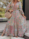 Bohemian Style Floral Printed Long Sleeve Dress with V-Neck and High Waist in Green Size S, M, L