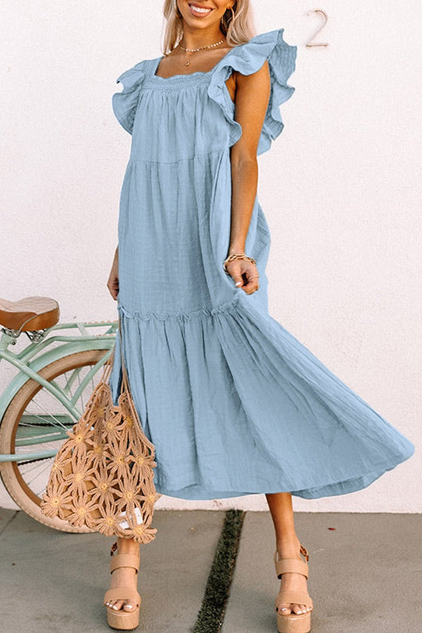 Women's Sky Blue Ruffle Sleeve Tiered Maxi Dress