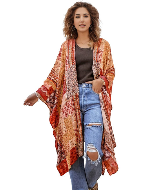 Boho Aztec Print Bat Sleeve Plus Size Cardigan