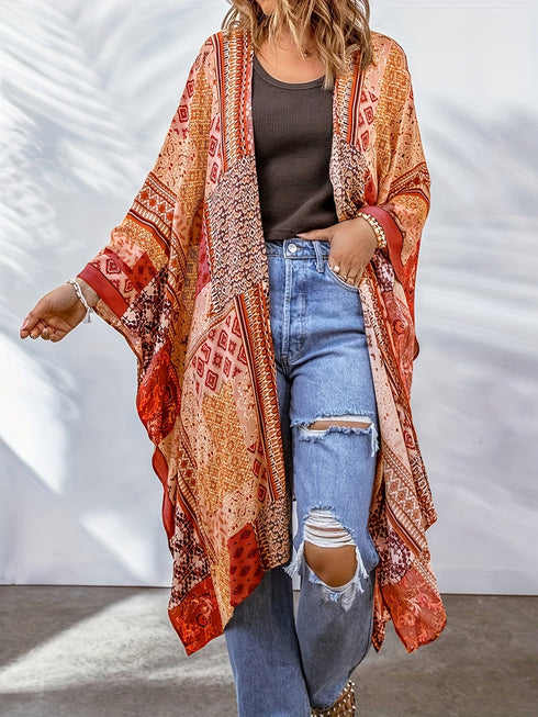 Boho Aztec Print Bat Sleeve Plus Size Cardigan