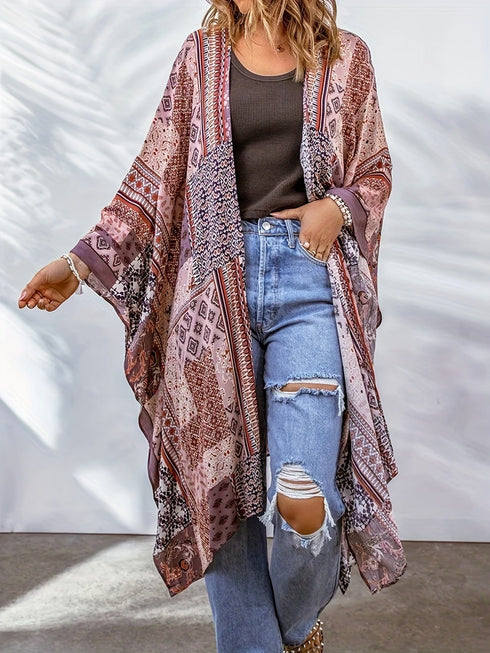 Boho Aztec Print Bat Sleeve Plus Size Cardigan