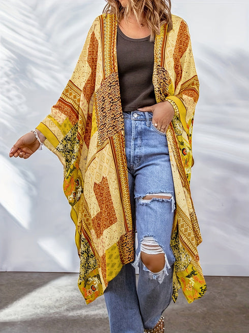 Boho Aztec Print Bat Sleeve Plus Size Cardigan