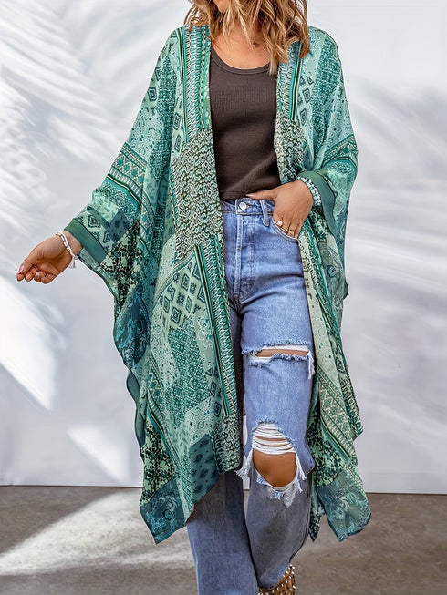 Boho Aztec Print Bat Sleeve Plus Size Cardigan