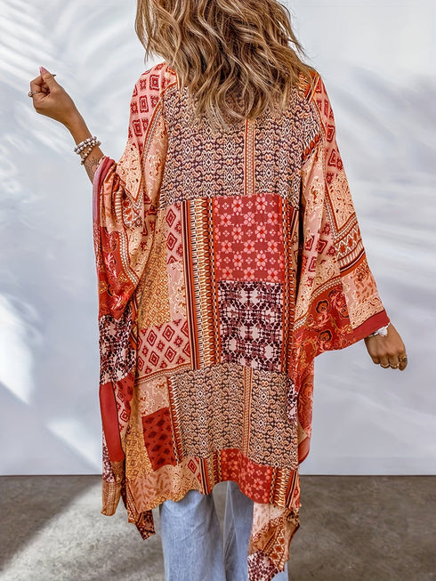 Boho Aztec Print Bat Sleeve Plus Size Cardigan