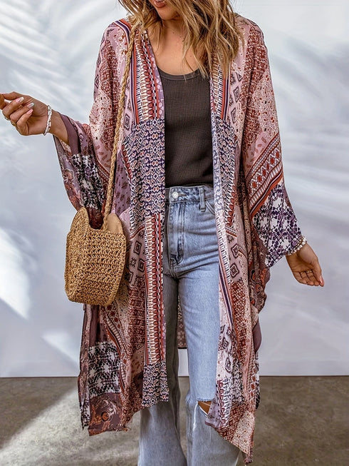 Boho Aztec Print Bat Sleeve Plus Size Cardigan