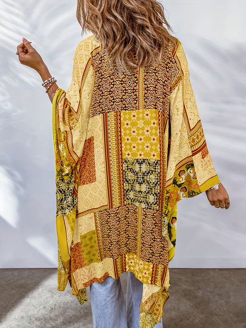 Boho Aztec Print Bat Sleeve Plus Size Cardigan