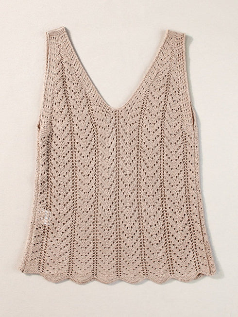 Boho-Chic Pale Khaki Crochet Knit V Neck Sweater Vest