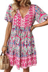 Boho Pink Floral Print Tie Neck Mini Dress