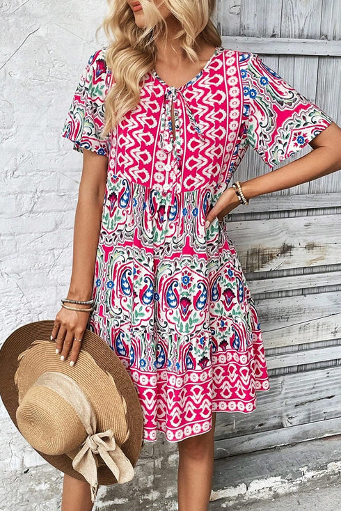 Boho Pink Floral Print Tie Neck Mini Dress