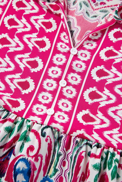 Boho Pink Floral Print Tie Neck Mini Dress