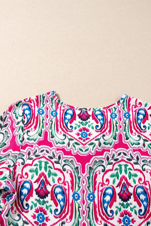 Boho Pink Floral Print Tie Neck Mini Dress