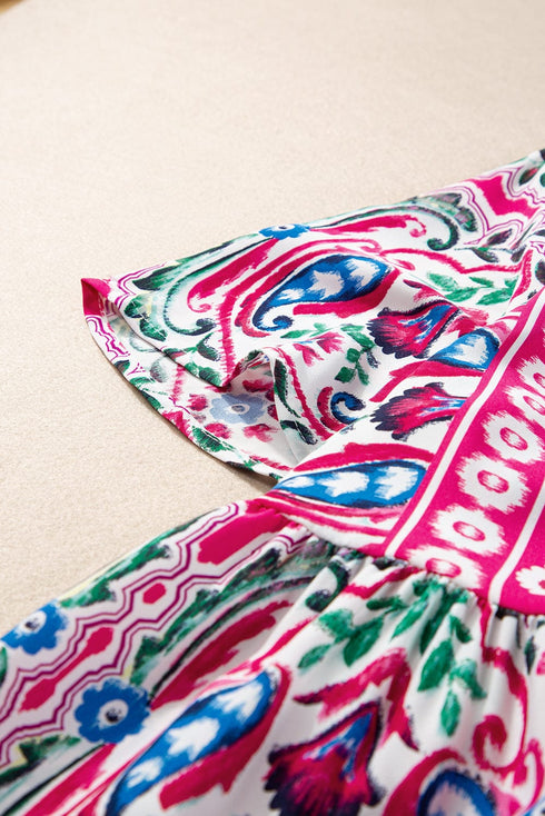 Boho Pink Floral Print Tie Neck Mini Dress