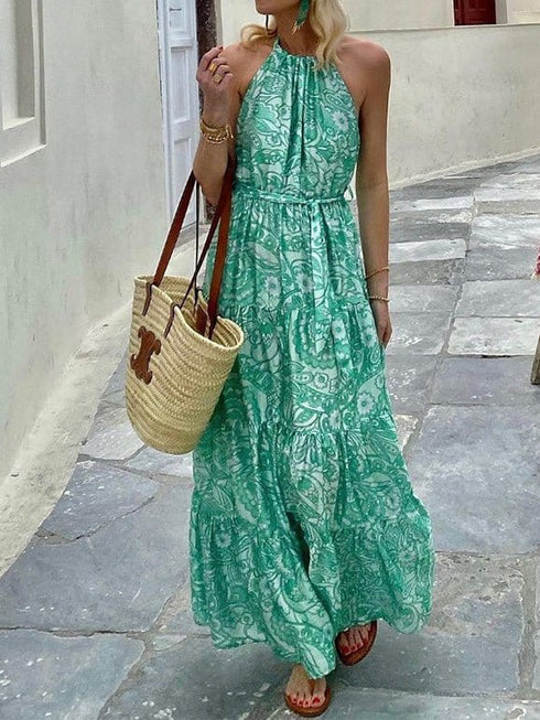 Boho Print Halterneck Sleeveless Dress