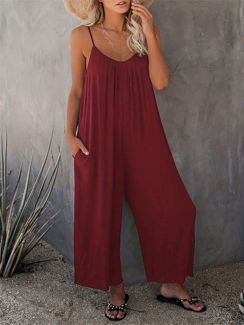 Boho Spaghetti Ruched Sleeveless Wide-Leg Jumpsuit